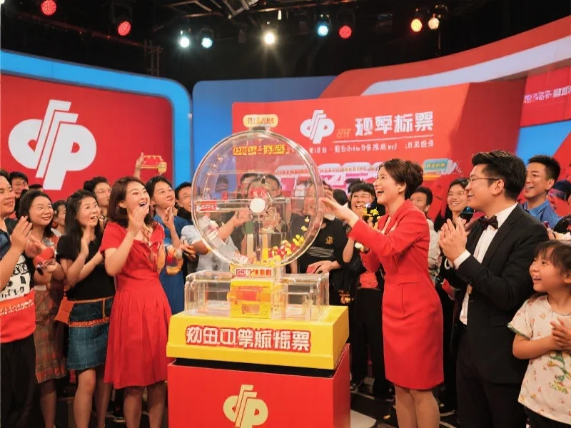 一个热闹的彩票开奖现场，主持人与参与者互动，气氛欢快